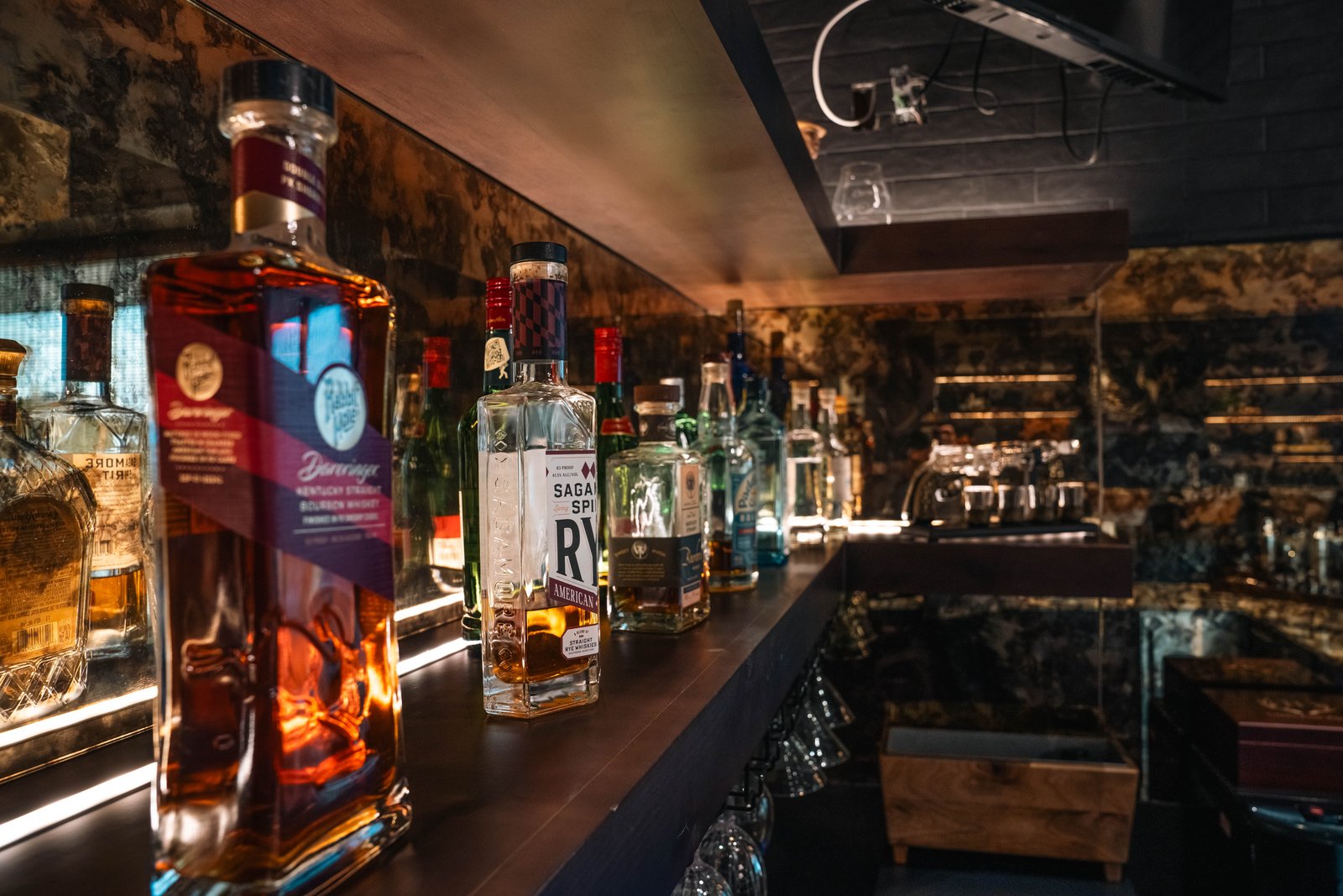 Whiskey shelf at the lodge bar